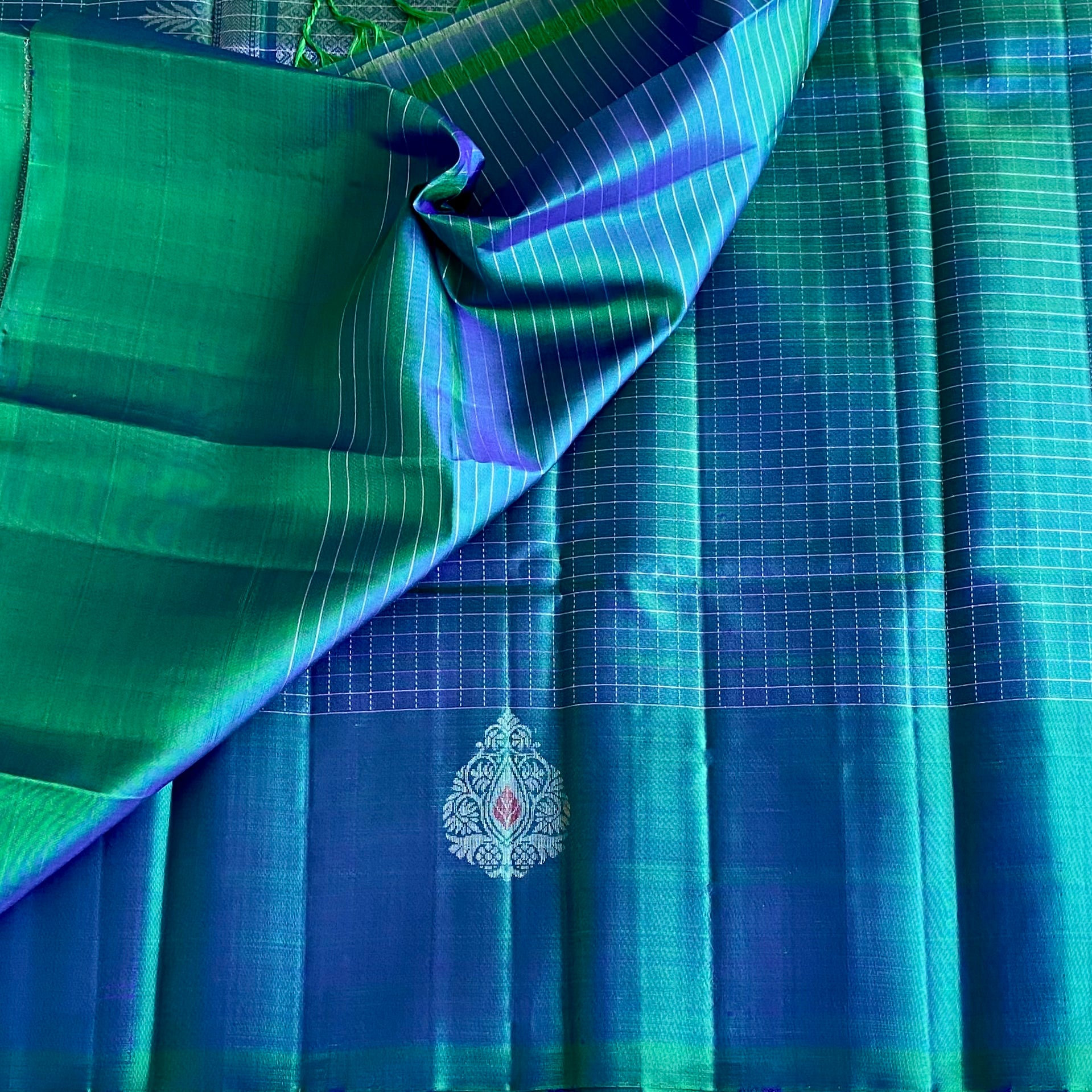 Teal Blue Designer Pure Silk Saree With Emerald Green Pallu