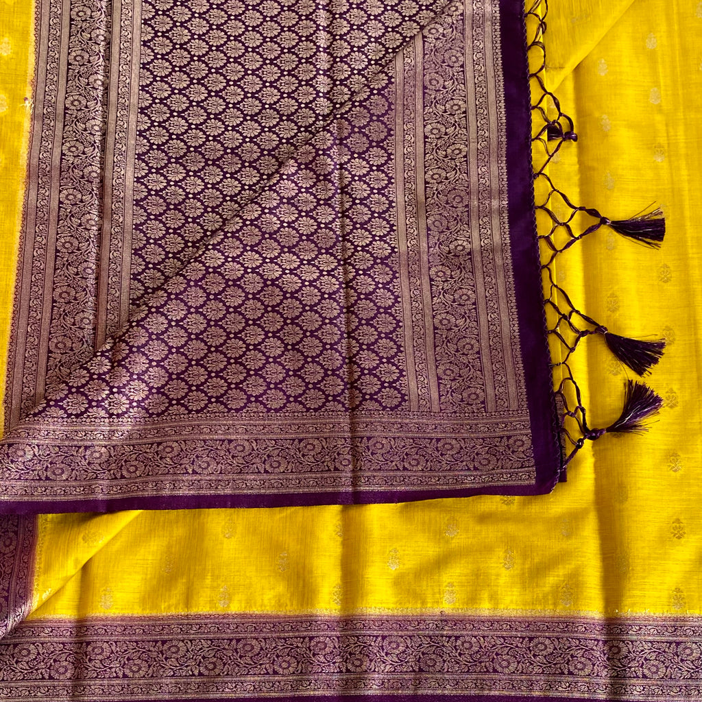 Yellow Purple Silk Saree Gold Buti Floral Border Tassel Pallu
