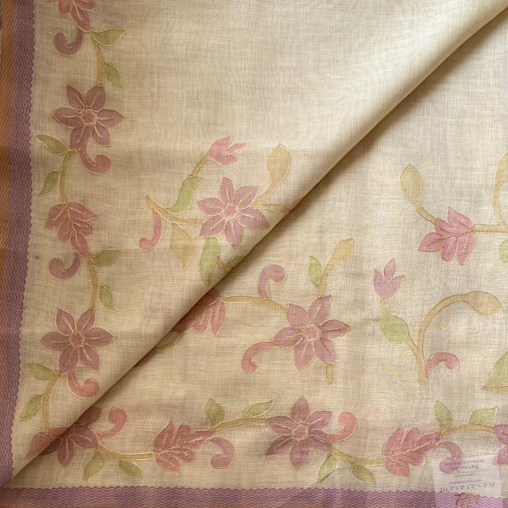 Beige Pastel Floral Embroidered Saree Gold Threadwork Lavender soft linen stunner