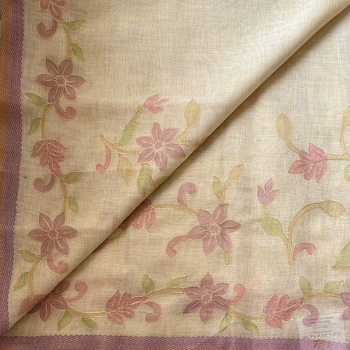 Beige Pastel Floral Embroidered Saree Gold Threadwork Lavender soft linen stunner