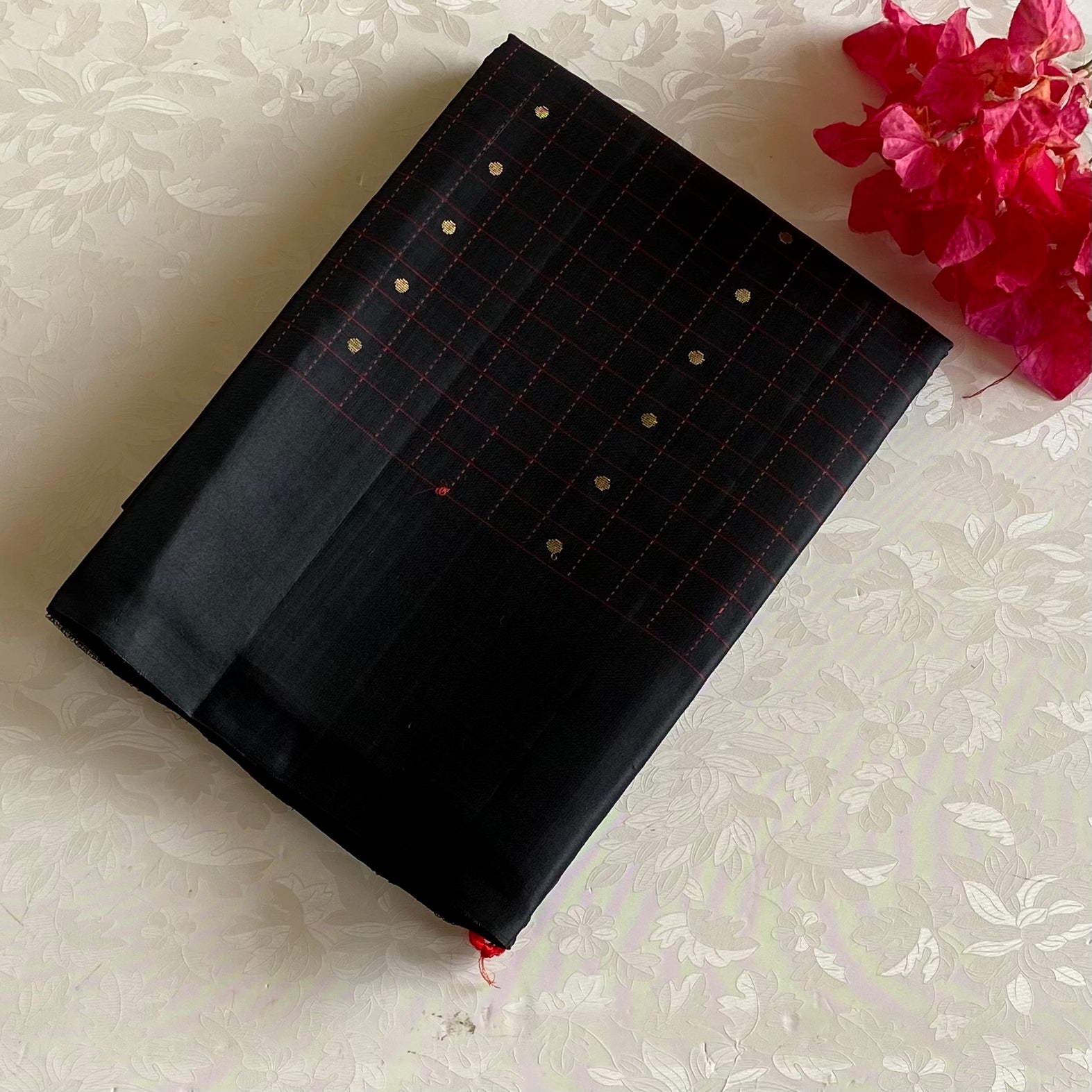 Jet Black Designer Pure Silk Saree Scarlet Red Pallu