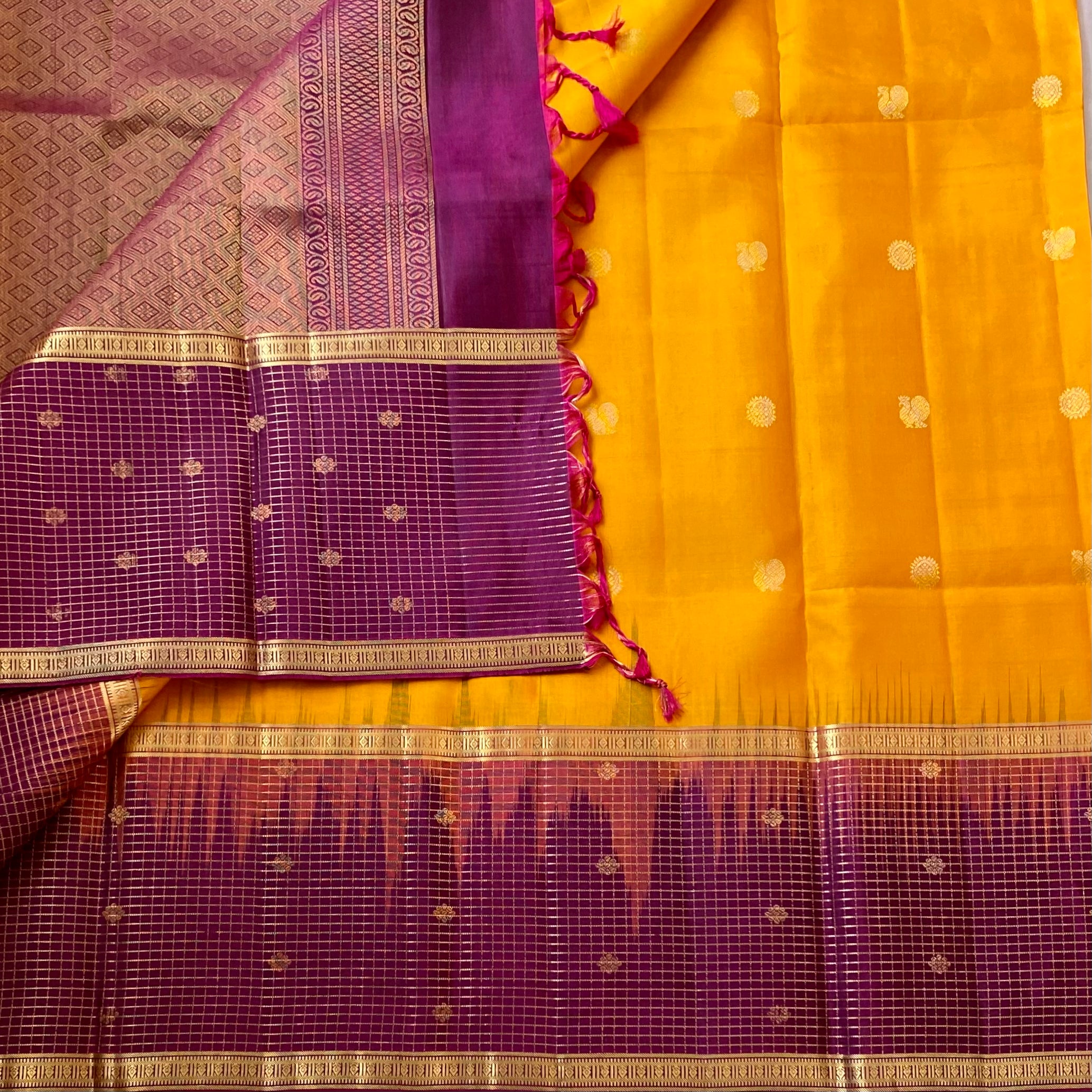 Saffron Yellow Silk Saree Magenta Pallu Gold Brocade Wedding Weave