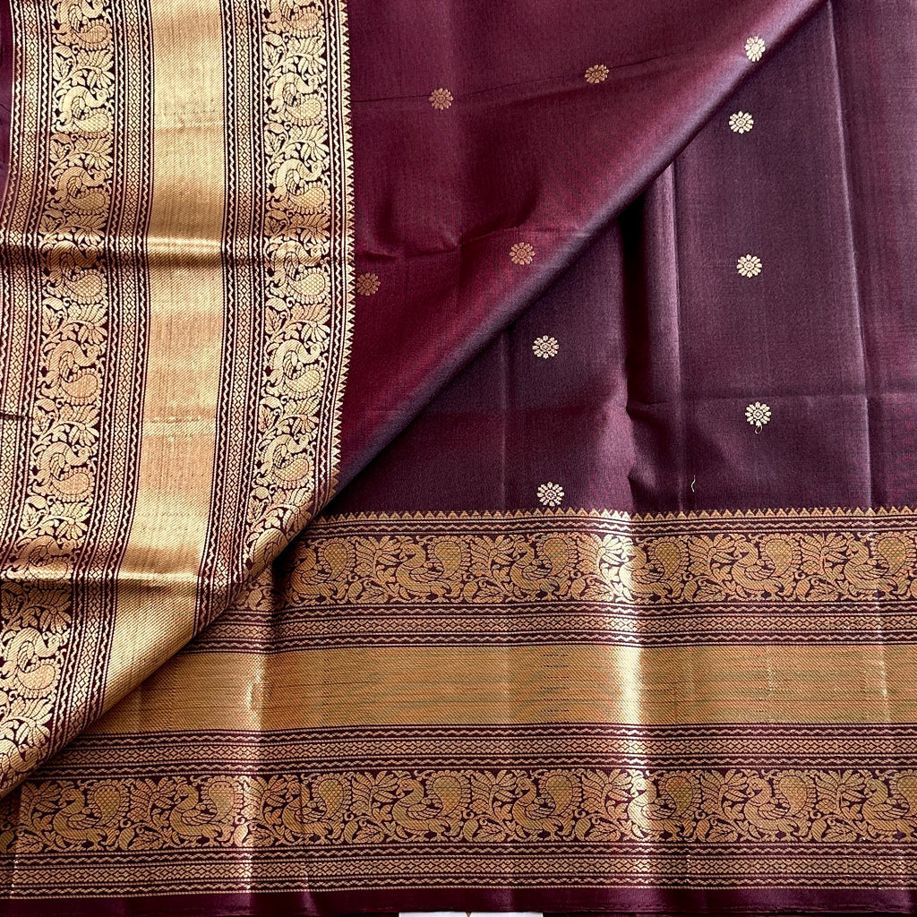 Wine Coffee Designer Pure Silk Saree Metallic Gold Zari Border Butta