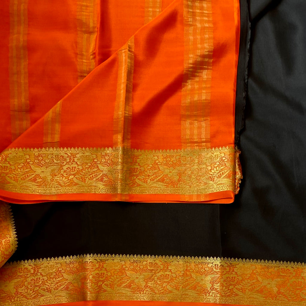 Black Saree Gold Brocade Border Orange Edge Traditional Bridal Wear