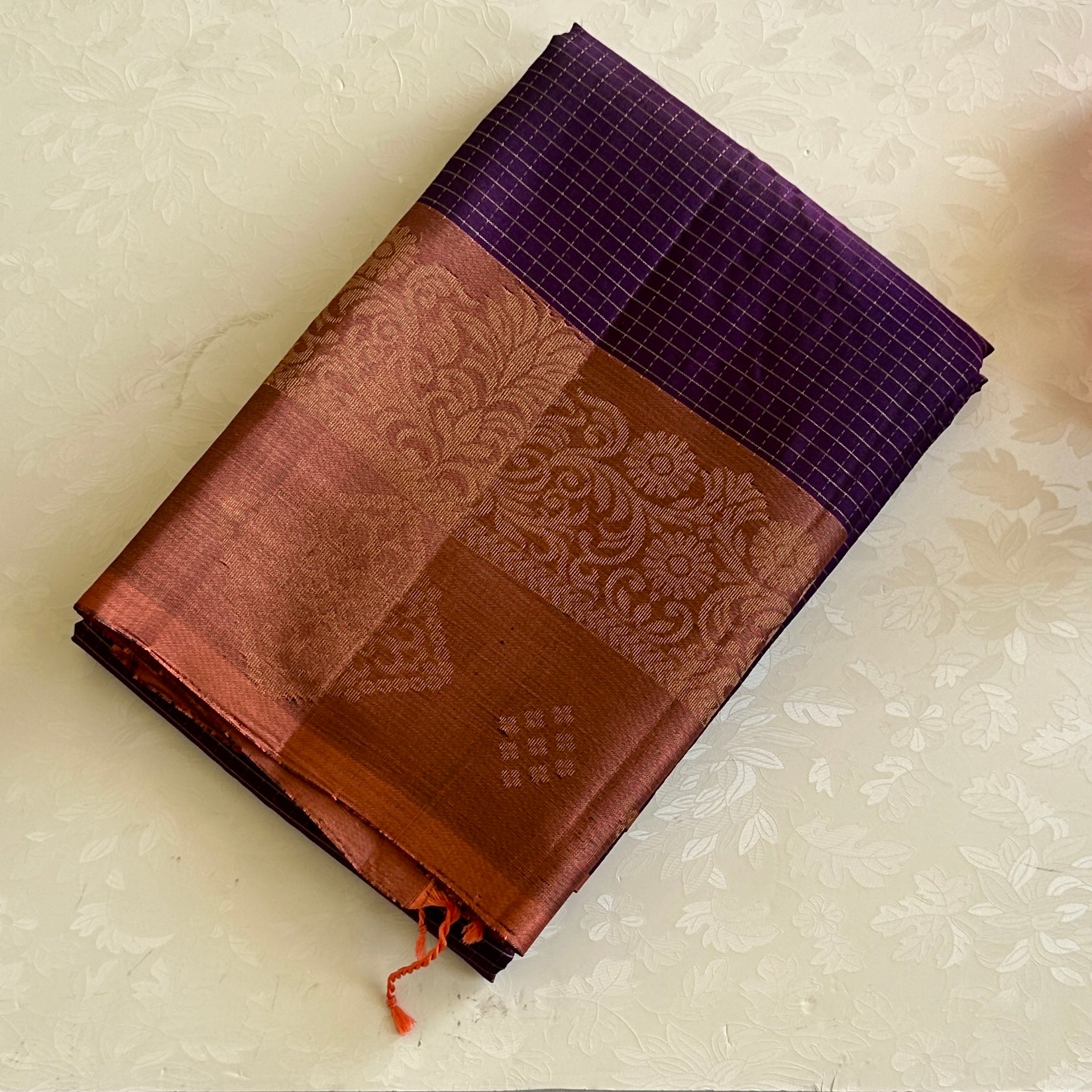 Deep Purple Silk Saree Copper Orange Zari Pallu Traditional Border