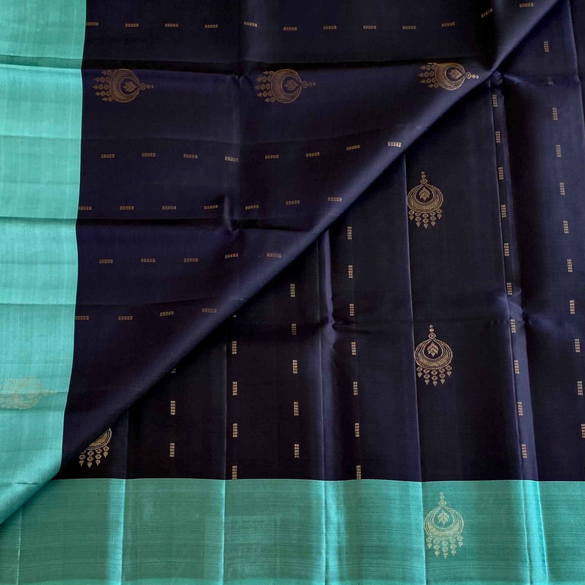 Midnight Navy Designer Pure Silk With Teal Green Pallu