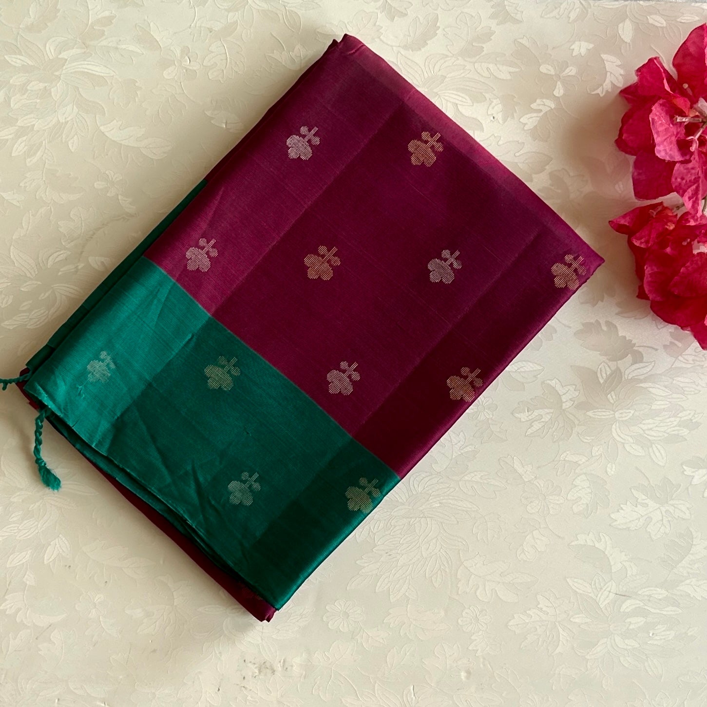 Peacock Teal Magenta Silk Saree With Antique Gold Zari Pallu