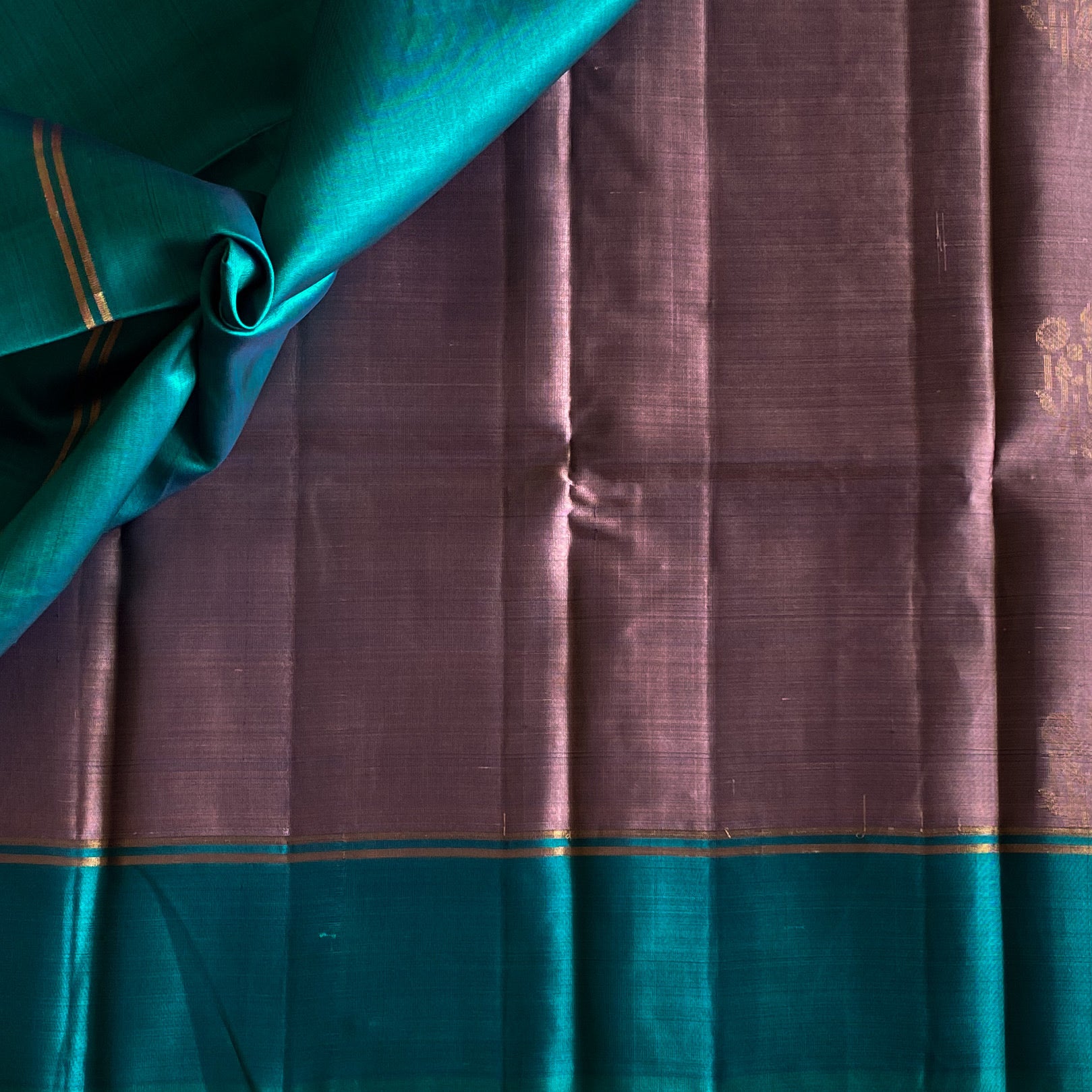 Metallic Greyish Mauve rare Beauty with Teal Handwoven pure silk