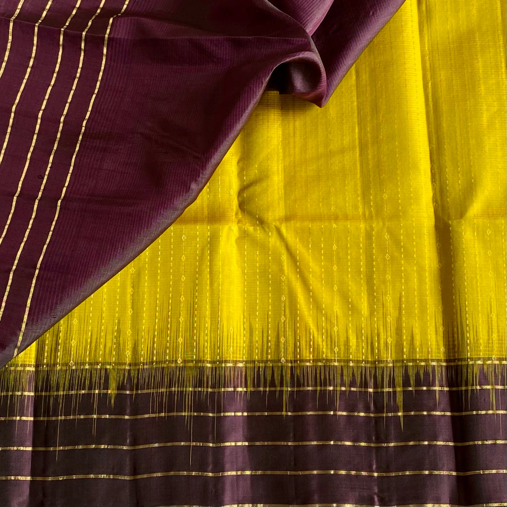 Lime Yellow Designer Pure Silk Saree With Deep Plum Pallu