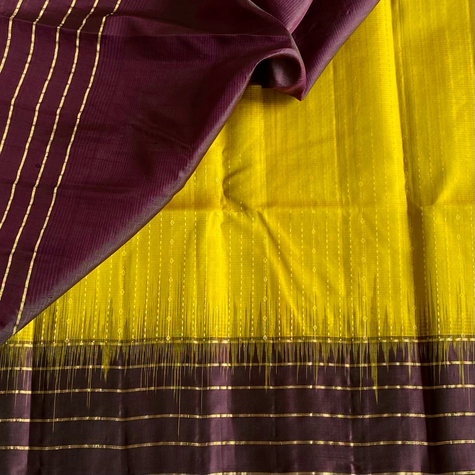 Lime Yellow Designer Pure Silk Saree With Deep Plum Pallu