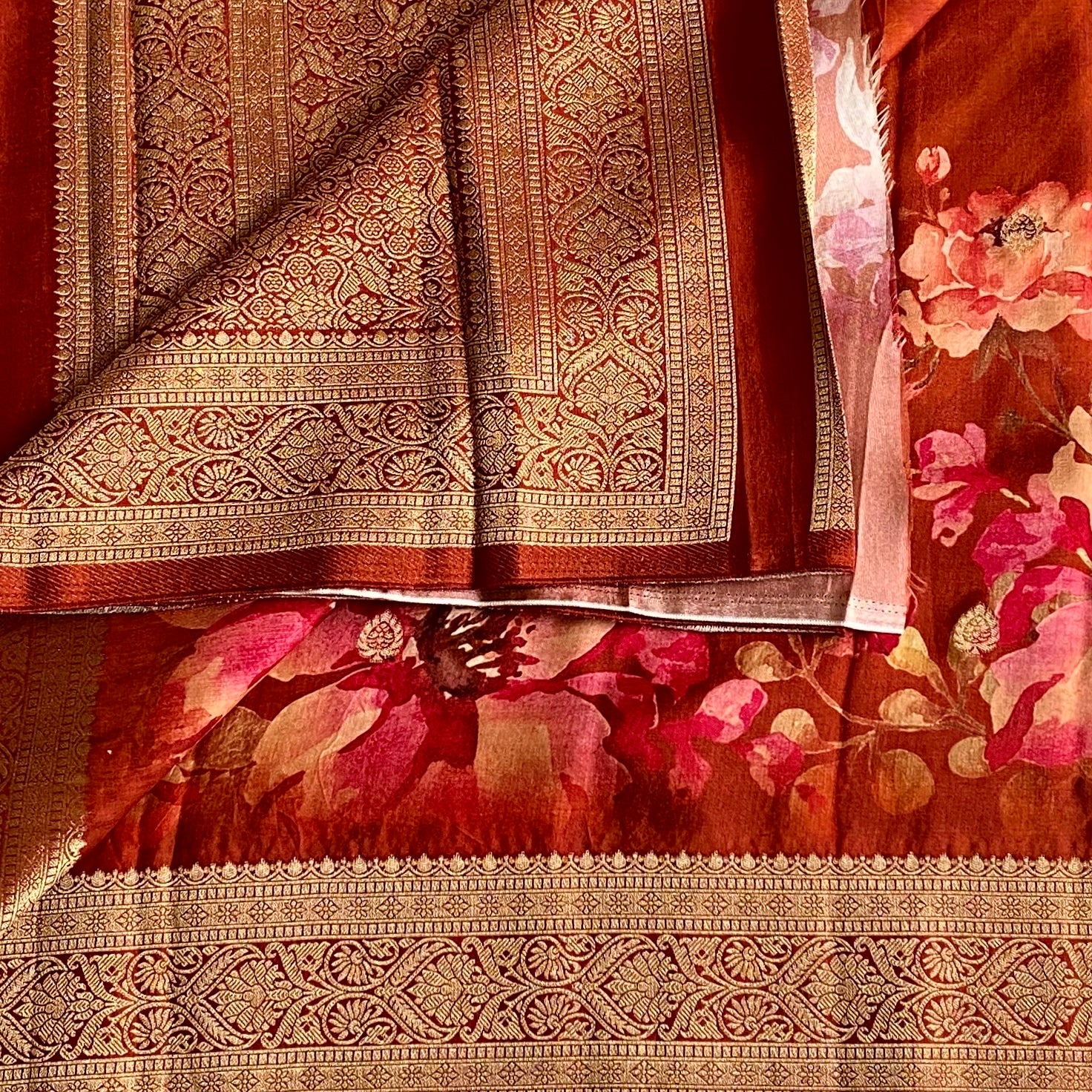 Trending Brick Orange Jute Tussar Silk With Antique Zari Pallu & Dreamy Prints