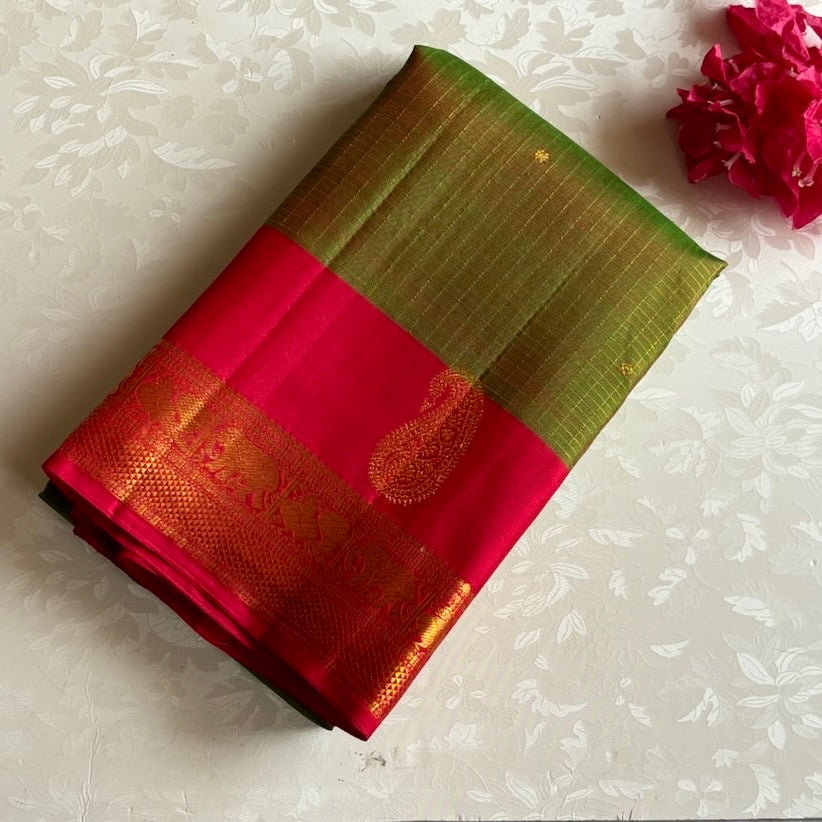 Rare Olive Green ₹ Vermilion Red Kanjeevaram Pure Zari Silk With Intricate Zari Woven Pallu