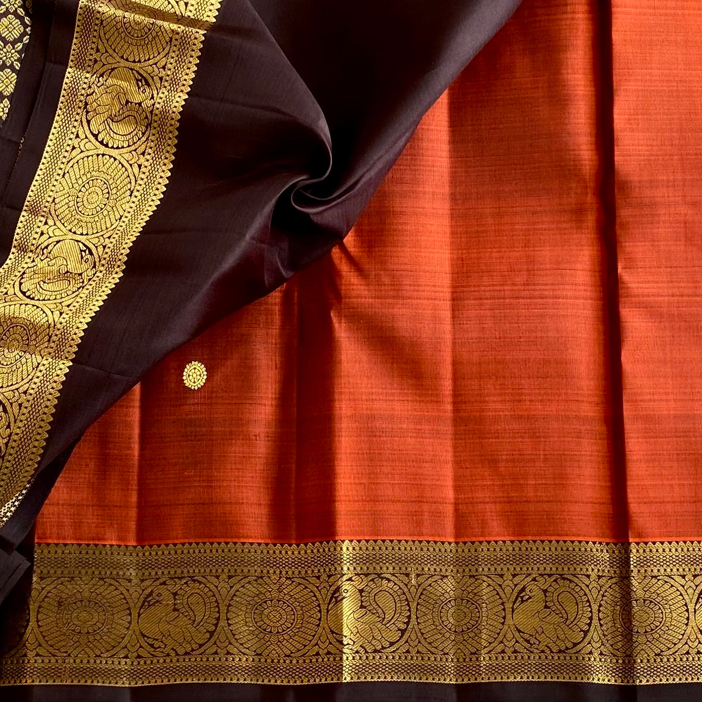 Burnt Orange With Coffee Brown Gold Kanjeevaram Pure Zari Silk Saree