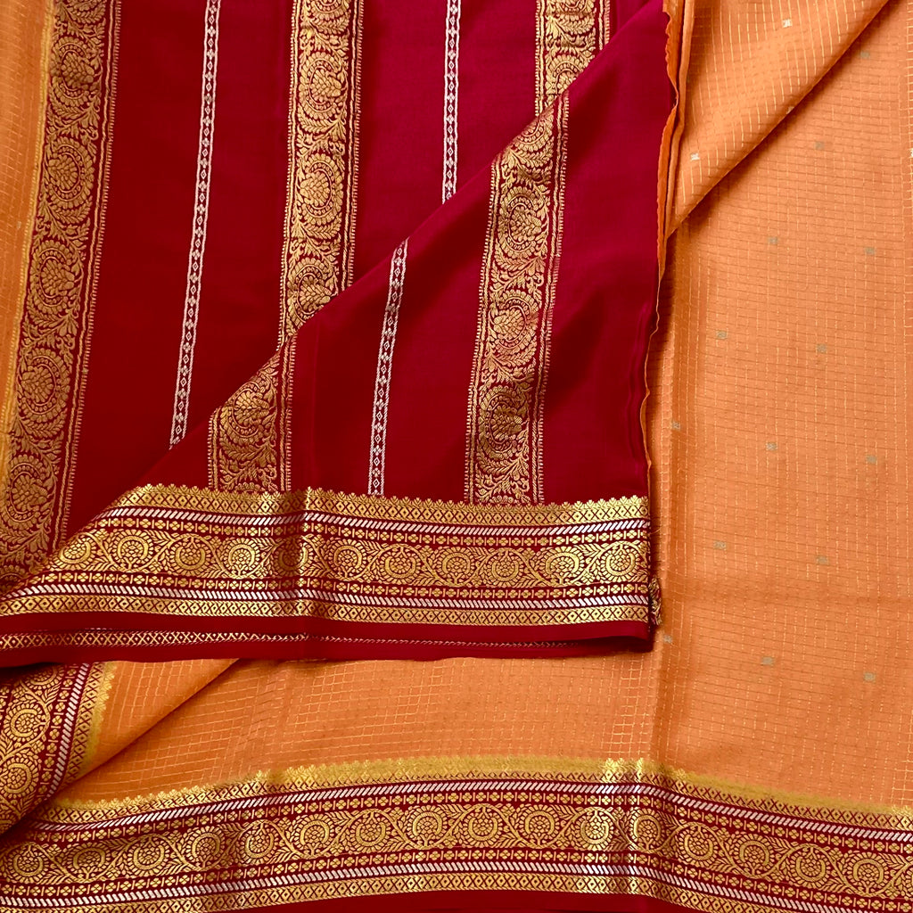 Burnt Orange Zari Border Brocade Saree with Magenta Accent