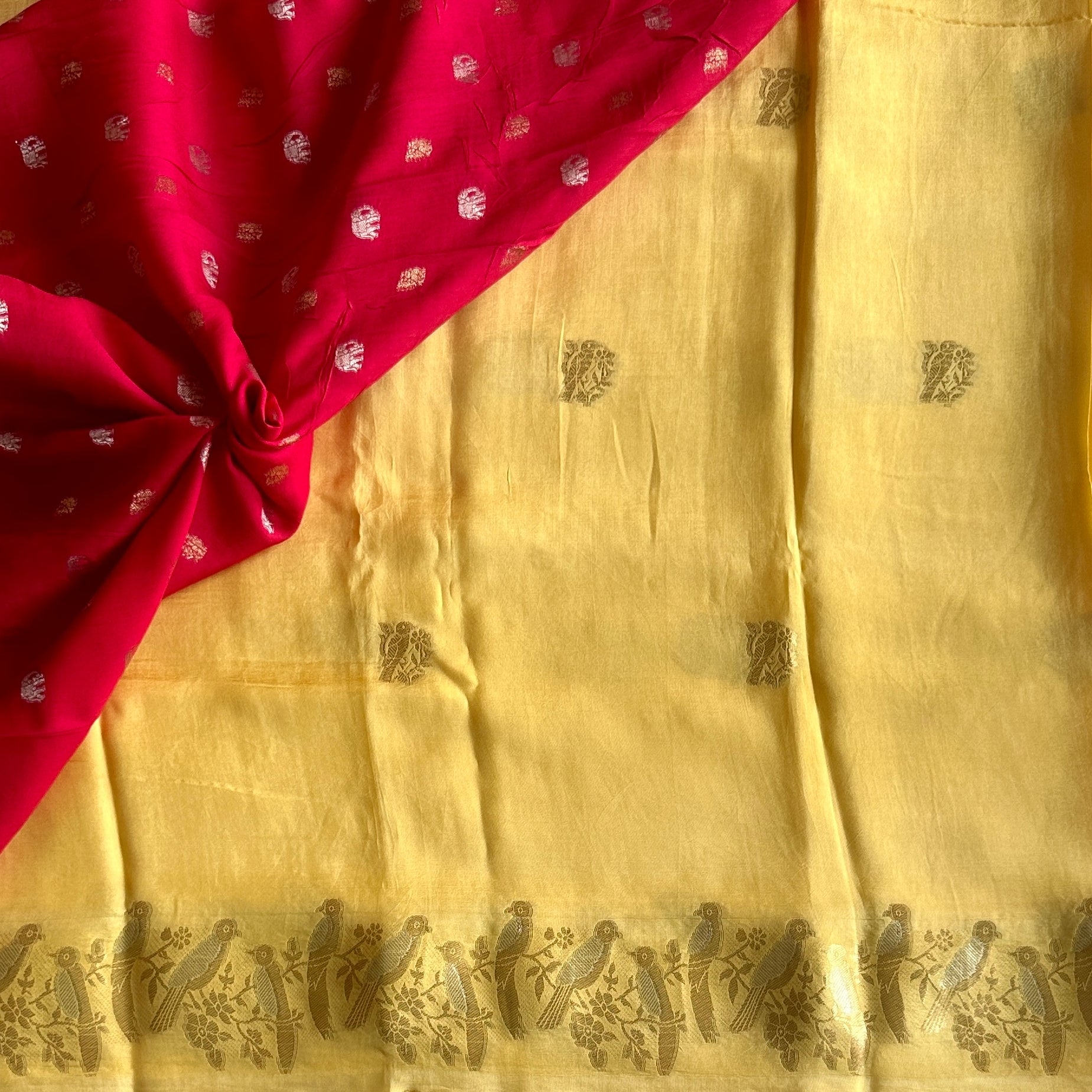 Butterscotch yellow softest tussar cotton wit quirky bird borders