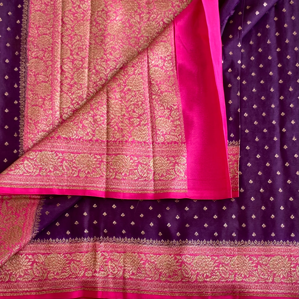 Deep Purple Banarasi Crepe Silk Saree With Fuchsia Pink Pallu