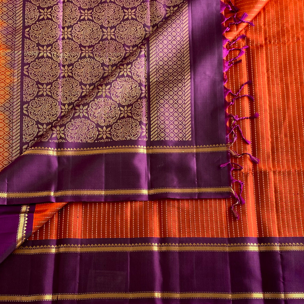 Burnt Orange & Deep Purple Designer Pure Silk With Retta Petta Borders