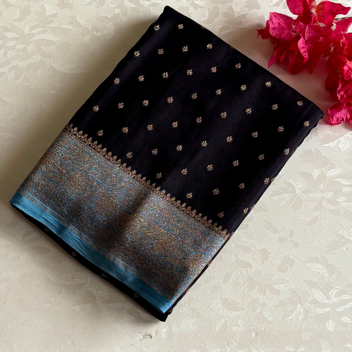 Jet Black Banarasi Crepe Silk Saree With Turquoise Pallu And Gold Border