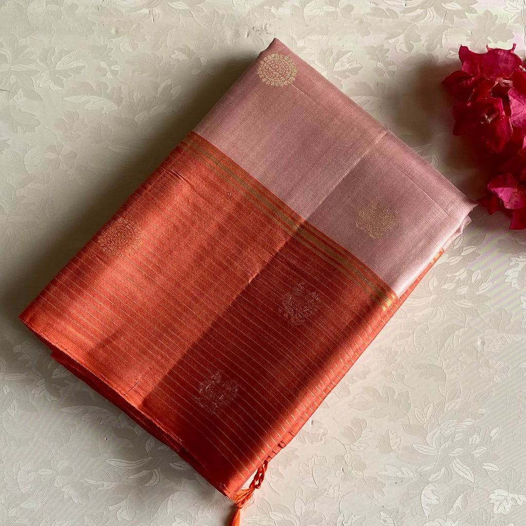 Burnt Orange Designer Pure Silk Saree With Dusty Rose Contrast