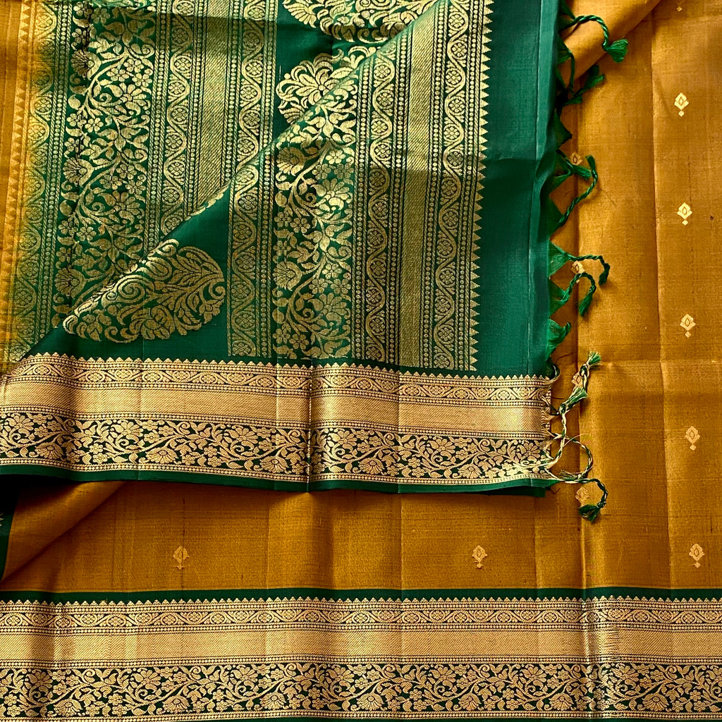 Mustard Gold Designer Pure Silk Saree Bottle Green Zari Border Contrast Pallu