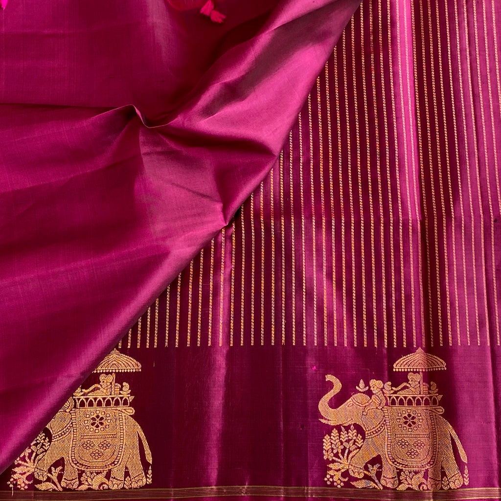 Stunner Magenta Designer Pure Silk Saree With Metallic Gold Zari Elephants