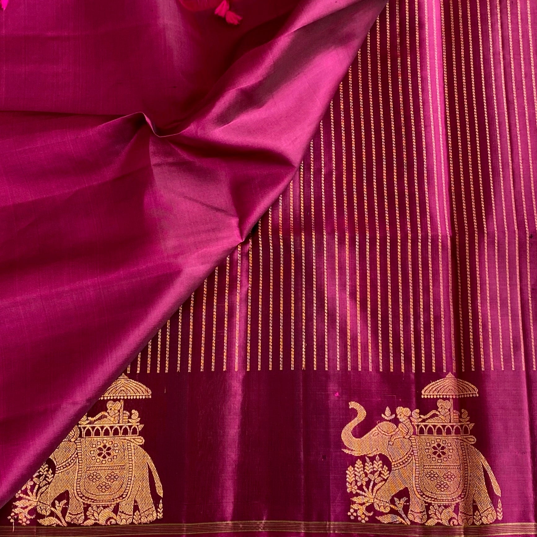 Stunner Magenta Designer Pure Silk Saree With Metallic Gold Zari Elephants