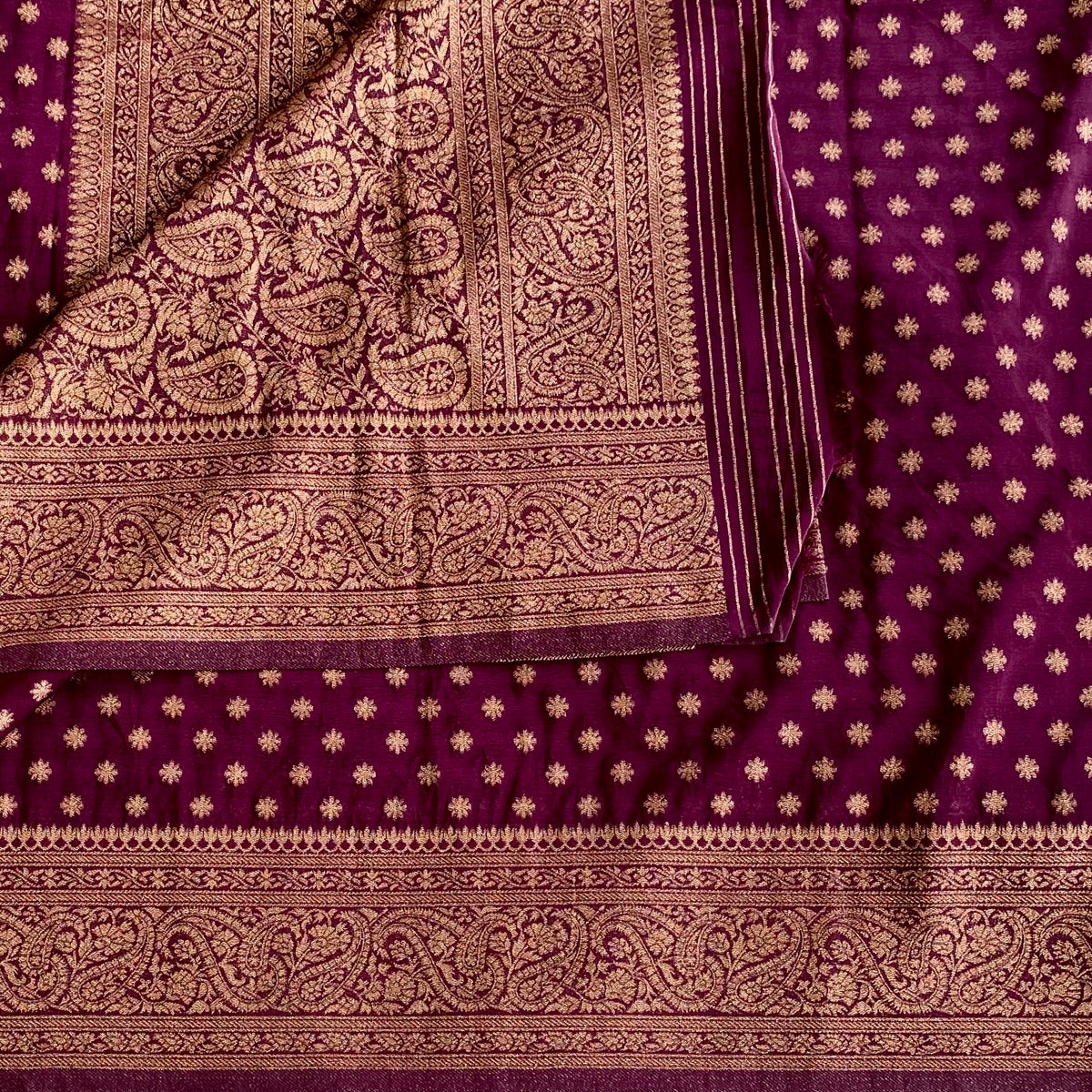 Deep Plum Soft Tussar Silk Saree With Antique Gold Brocade
