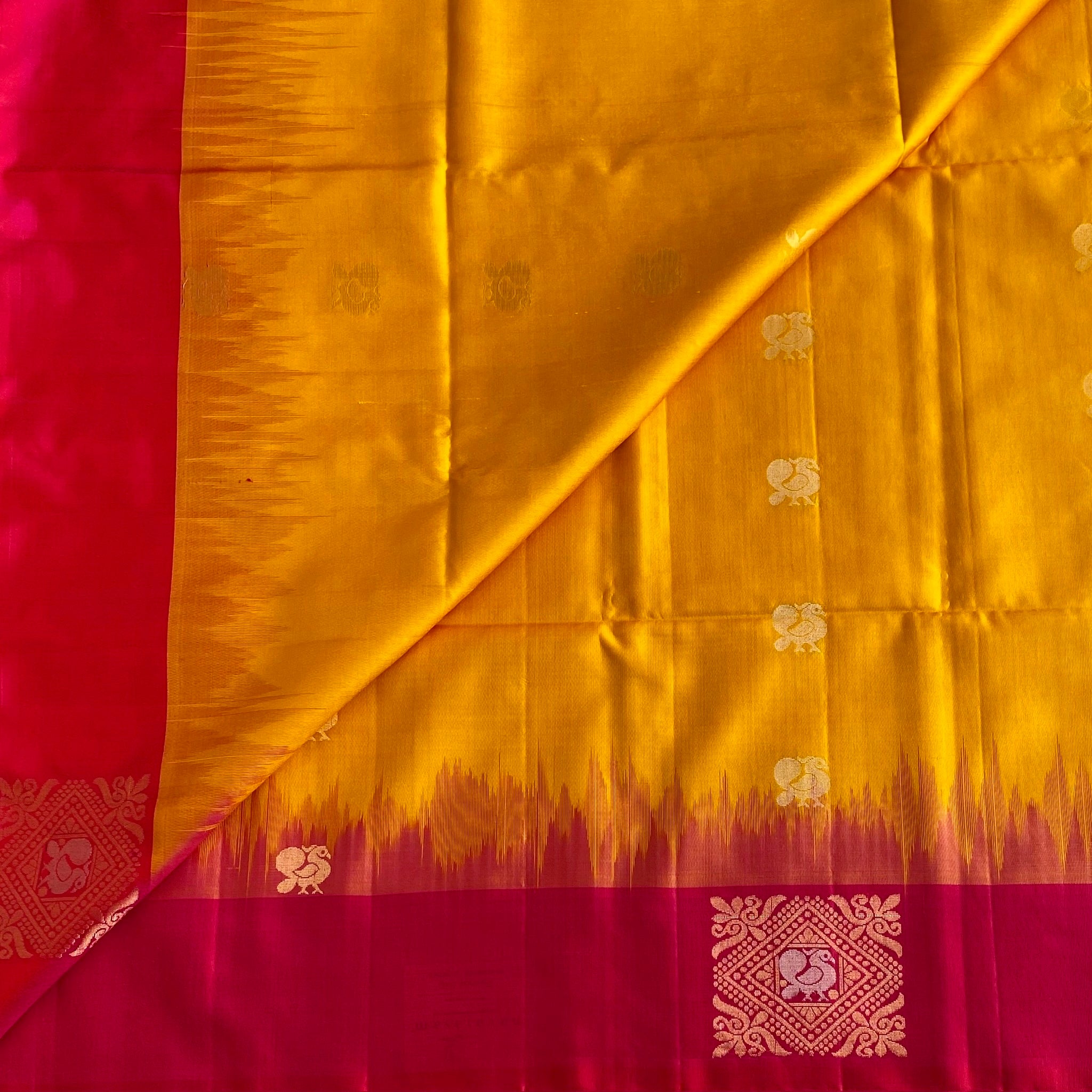 Sunflower Yellow With Pinkish Red Handwoven Designer Pure Silk Beauty