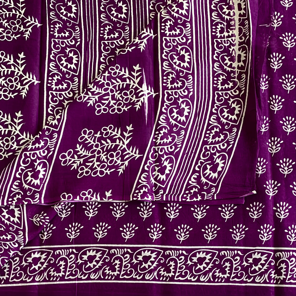 Purple Cotton Block Print Saree White Floral Paisley Border Traditional