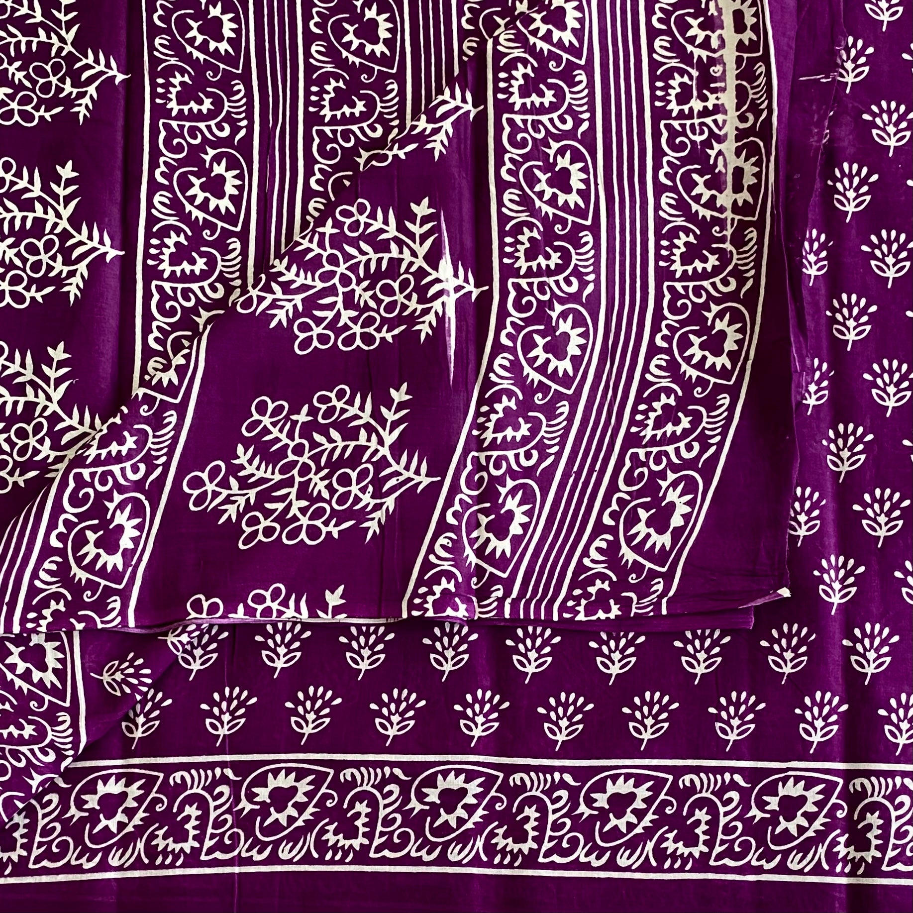 Purple Cotton Block Print Saree White Floral Paisley Border Traditional