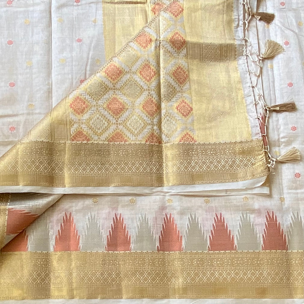 Ivory with gold zari soft tussar silk with temple borders