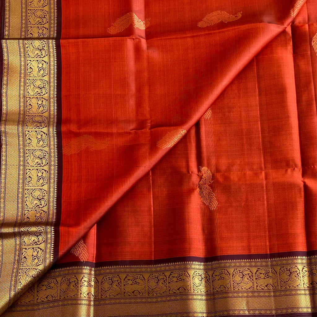 Rust Orange Designer Pure Silk Saree With Deep Plum Pallu