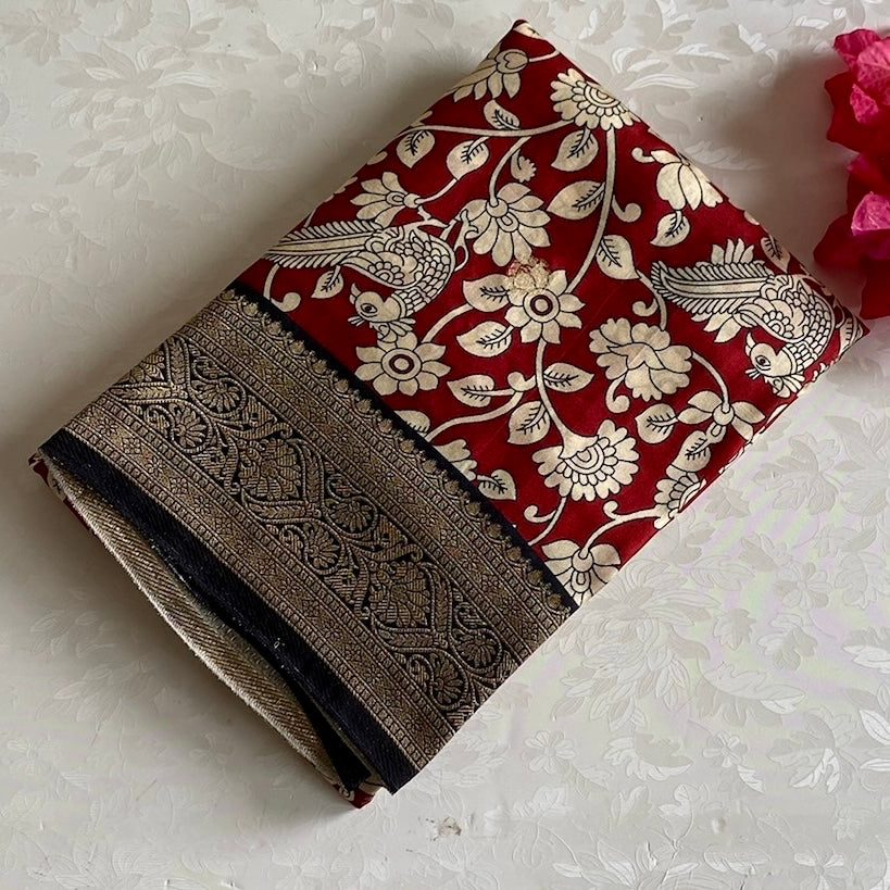 Rufous Red Tussar Silk Saree With Jet Black Pallu
