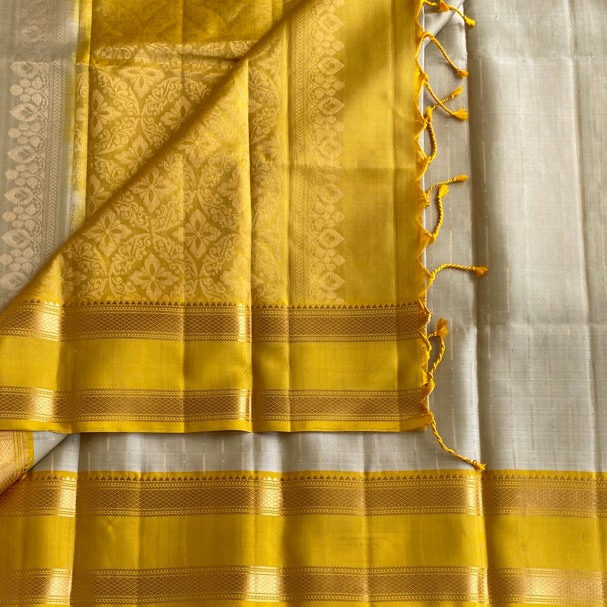 Ivory Beige Designer Pure Silk Saree With Mustard Gold Pallu And Zari Border