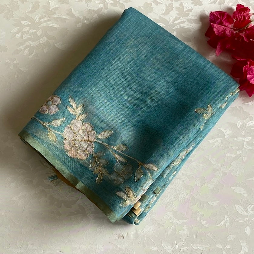 Teal Blue Soft Linen Tussar Saree With Pale Pink Embroidery