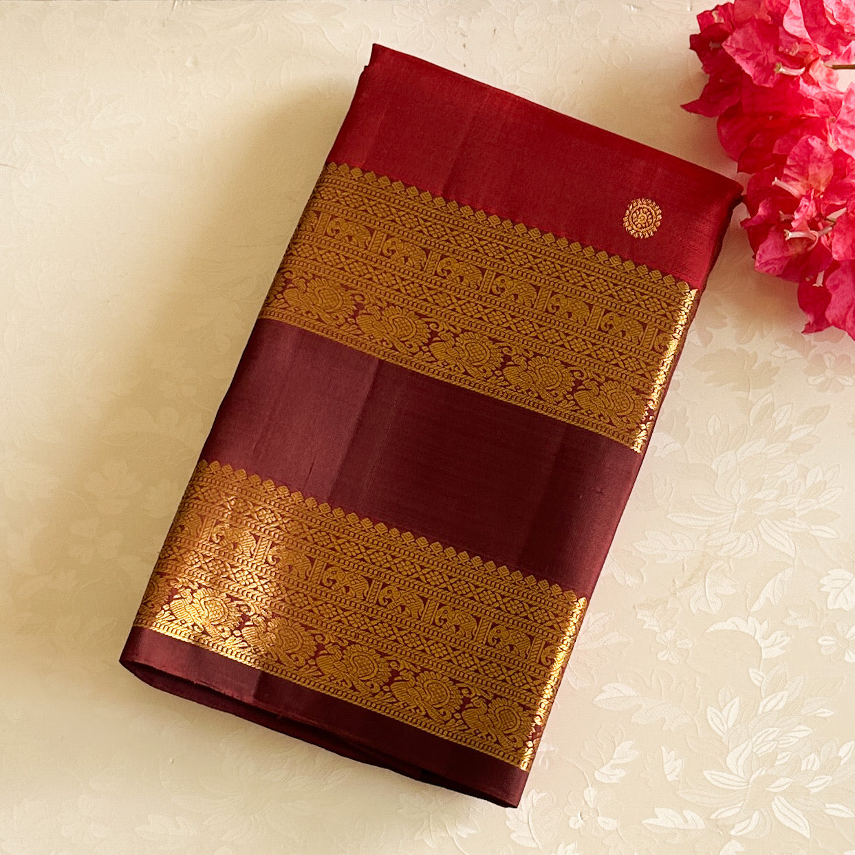 Crimson Maroon Silk Saree With Gold Zari Border Traditional Wedding