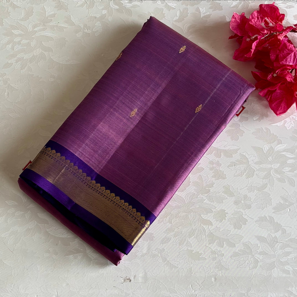 Metallic Mauve Kanjeevaram Pure Zari Silk Saree With Royal Purple Pallu