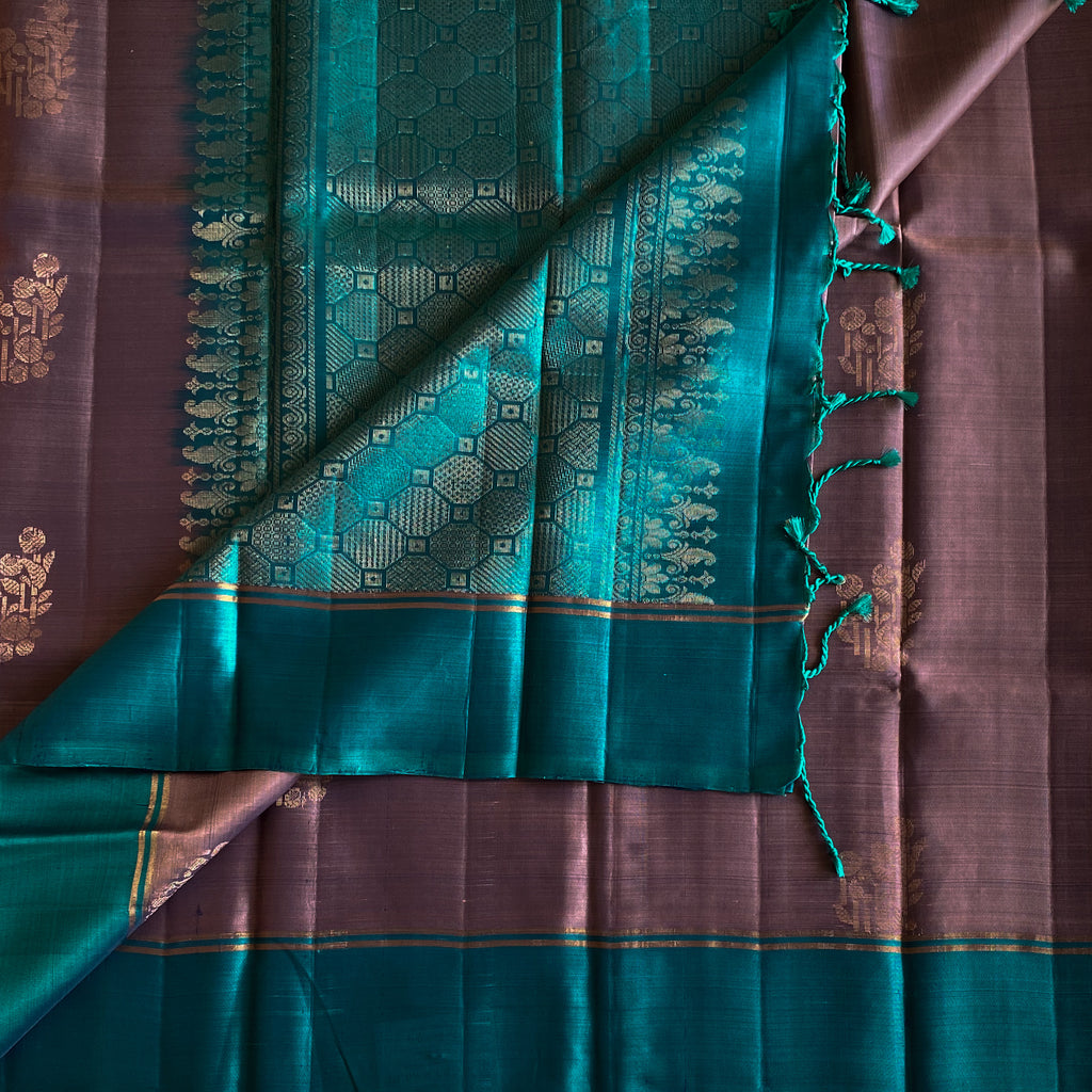 Metallic Greyish Mauve rare Beauty with Teal Handwoven pure silk