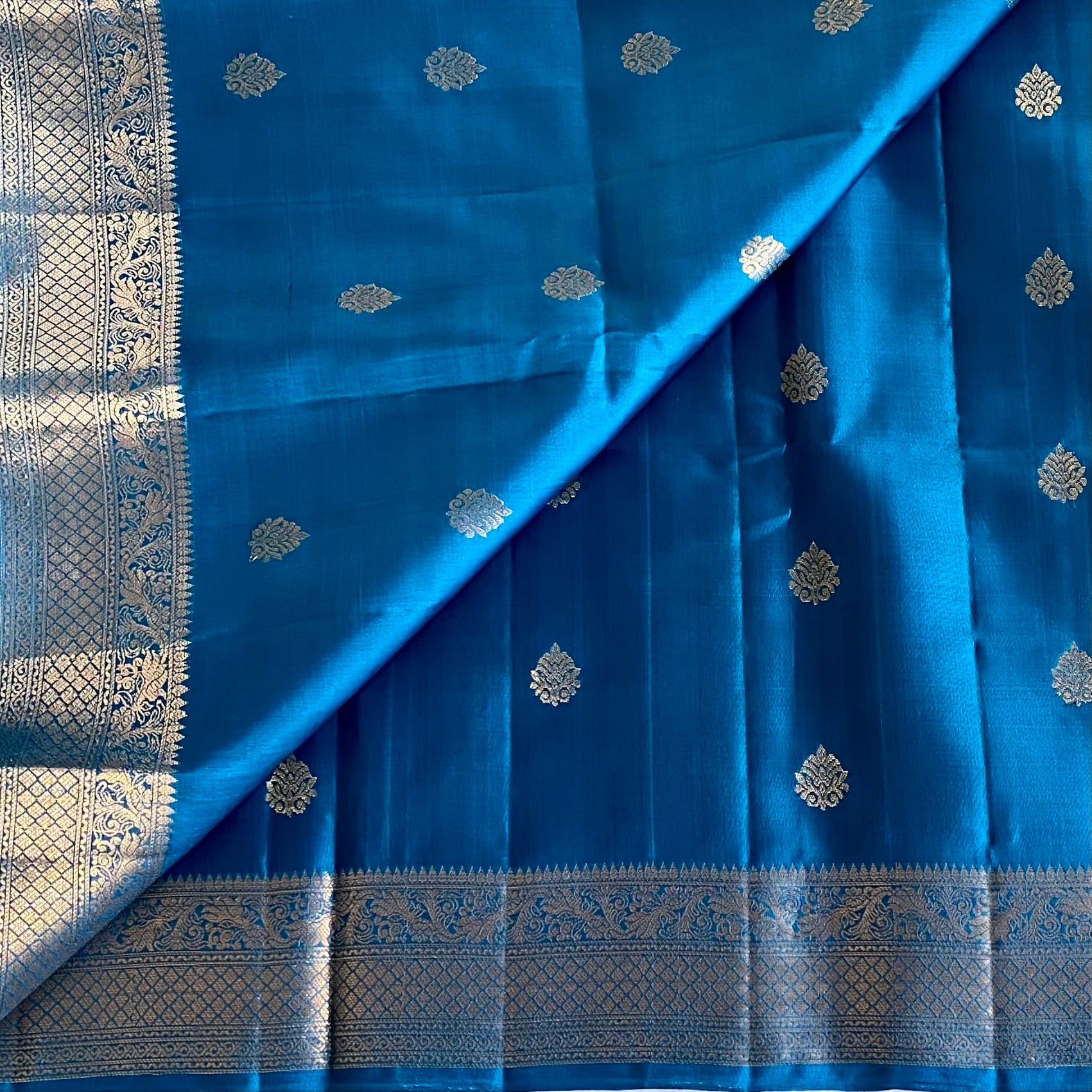 Teal Blue Designer Pure Silk Saree With Silver Brocade Pallu