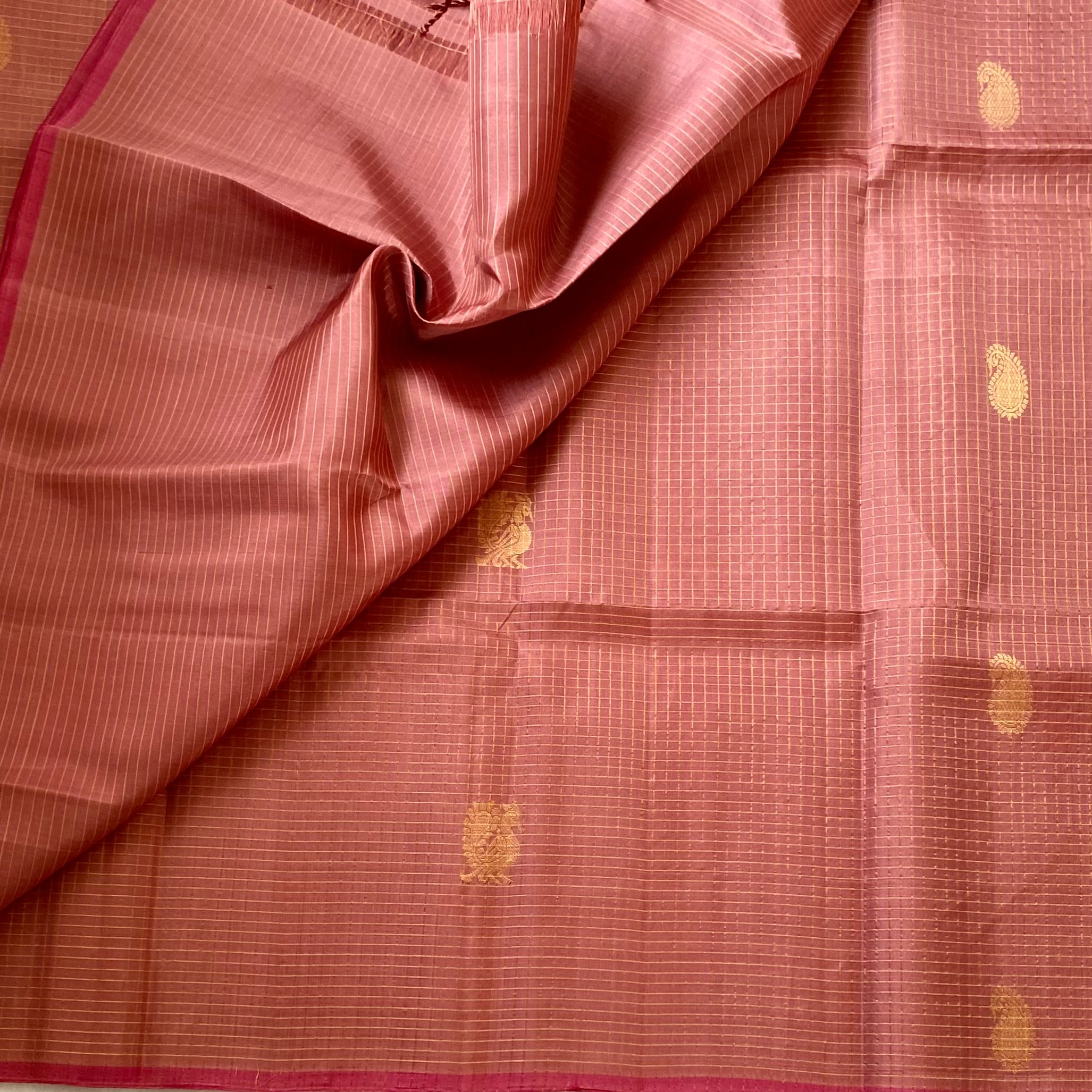 Dusty Rose Woven Saree With Gold Buttas Narrow Magenta Border