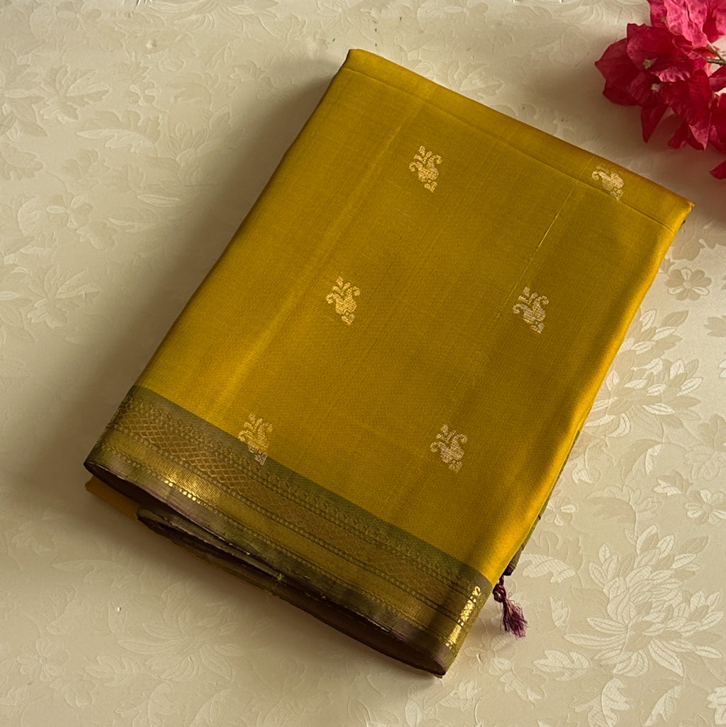 Marigold Yellow Silk Saree with Royal Purple Zari Pallu Elegance