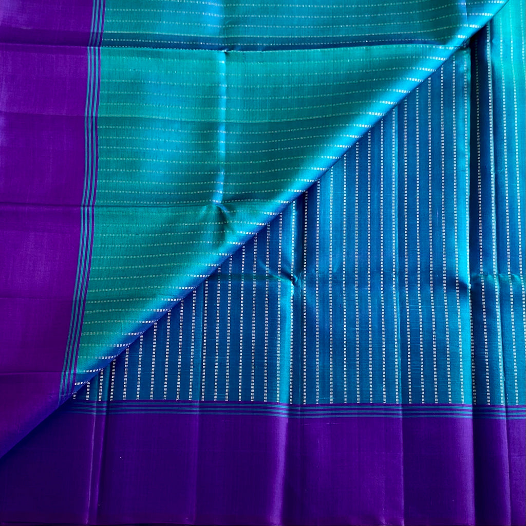Turquoise Zari Stripes Designer Pure Silk with Cadbury Purple Pallu