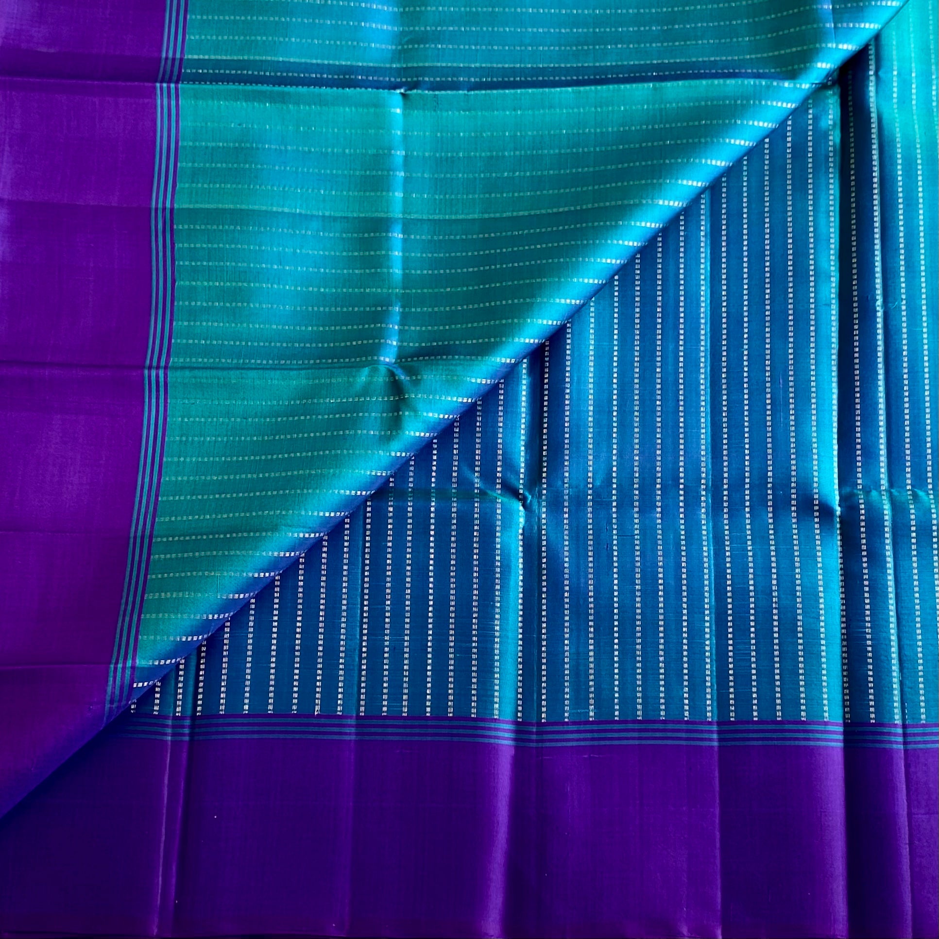 Turquoise Zari Stripes Designer Pure Silk with Cadbury Purple Pallu