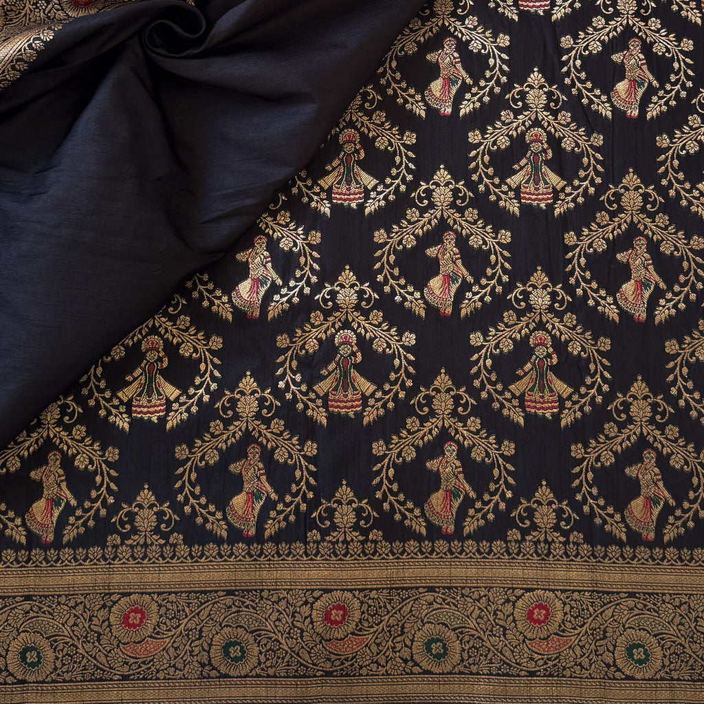 Black Silk Brocade Saree Antique Gold Zari Woven Border Pallu