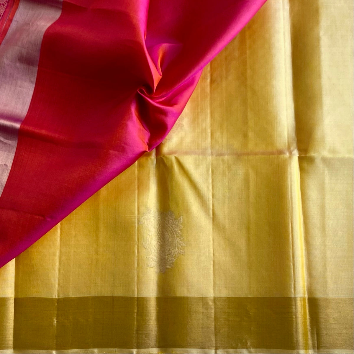 Lightest Yellow Gold Designer Pure Silk Saree With Rani Pink Pallu Gold Border