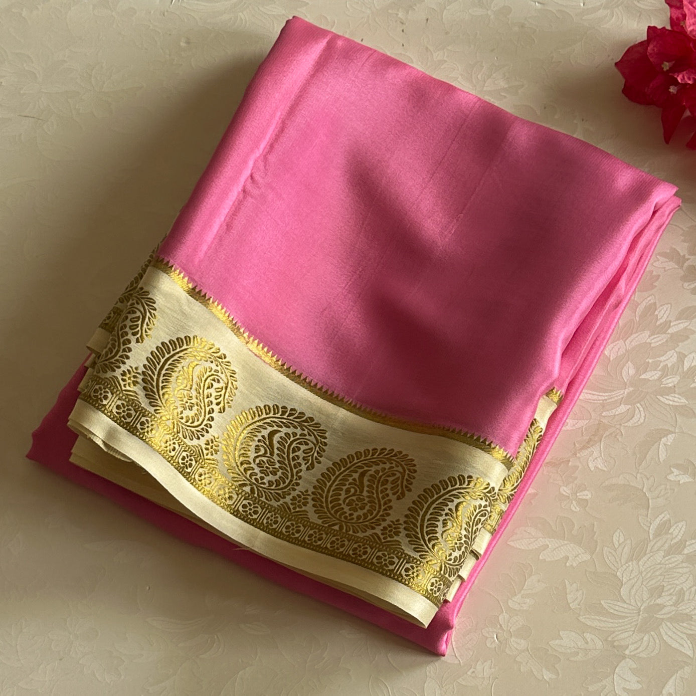 Soft rose pink with Gold Paisley Border pure Mysore silk