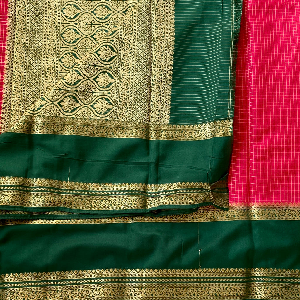 Strawberry reddish pink with emerald green checkered soft crepe silk
