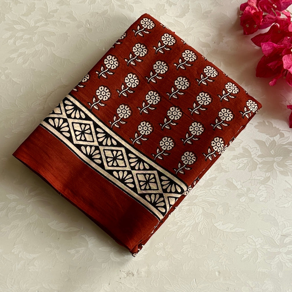 Rust Beige Handblocked Cotton Saree Paisley Striped Pallu Geometric Border