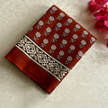 Rust Beige Handblocked Cotton Saree Paisley Striped Pallu Geometric Border