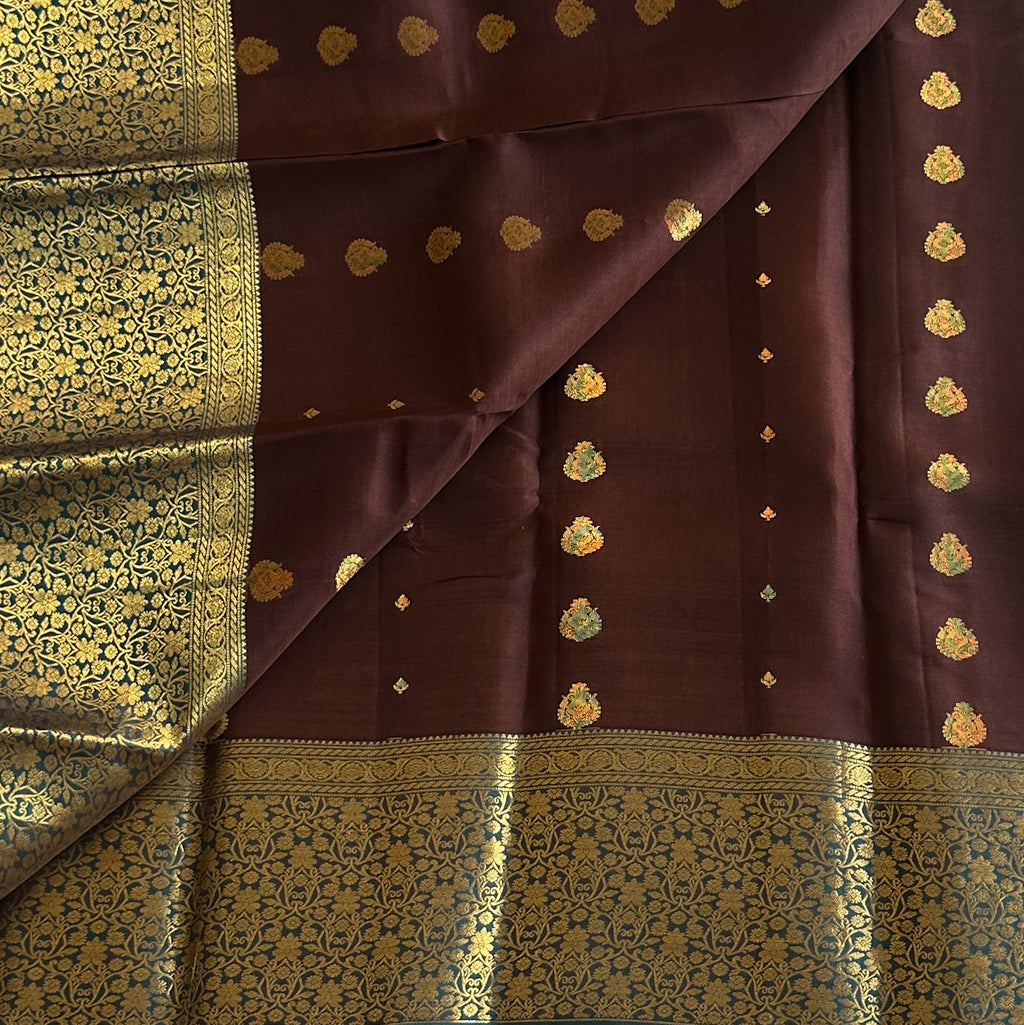 Peacock Teal Silk Brocade Saree Maroon Buta Wedding Attire Premium